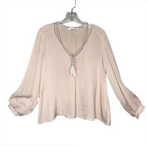 ASTR THE LABEL V-Neck Long Sleeve Blush Tassel Blouse Blush Neutral XS